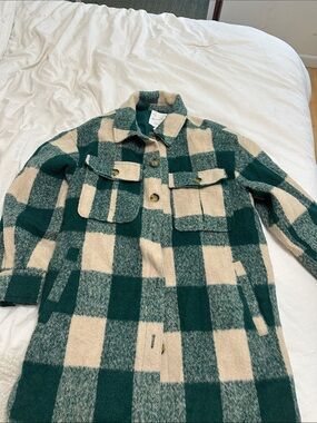 Avec Les Filles Green and Cream Buffalo Check Wool Coat